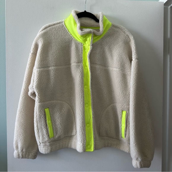 Old Navy Jackets & Blazers - Old Navy white Sherpa jacket highlighter yellow neon accents